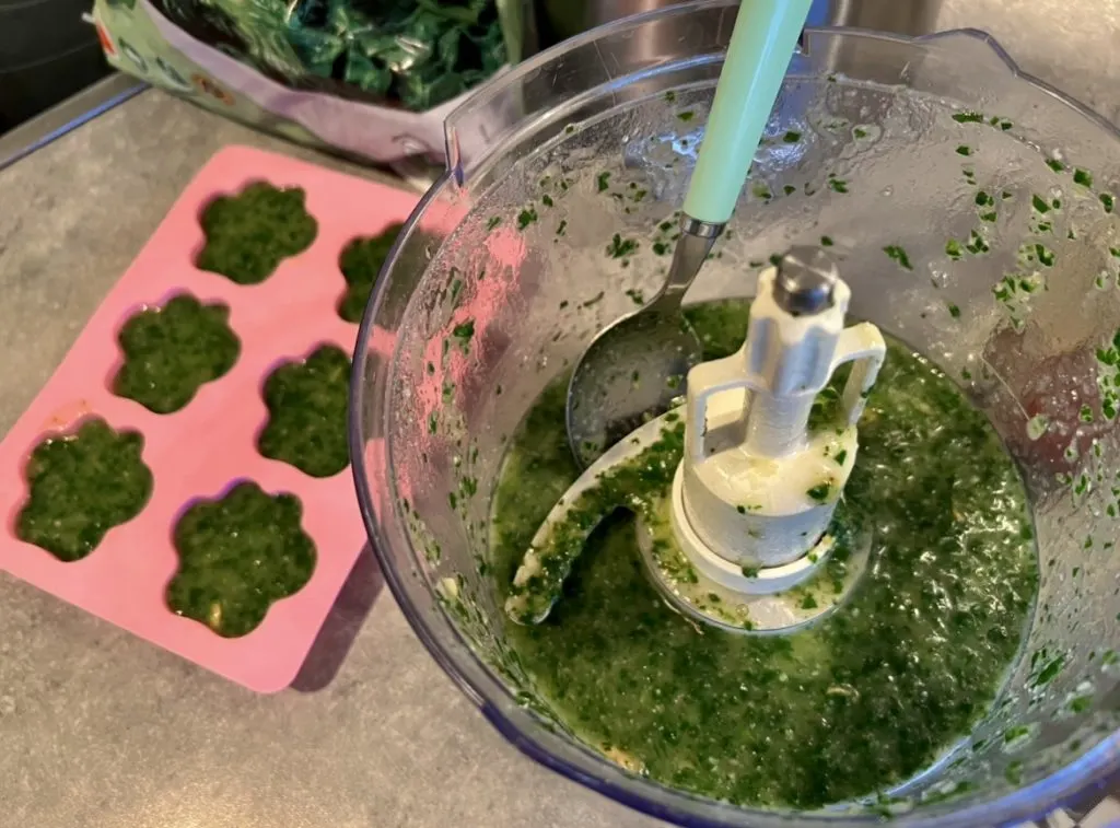 Making homemade frozen spinach, banana, almond dog treats - mixing bowl plus ice cube tray filled with premixed dog treats.