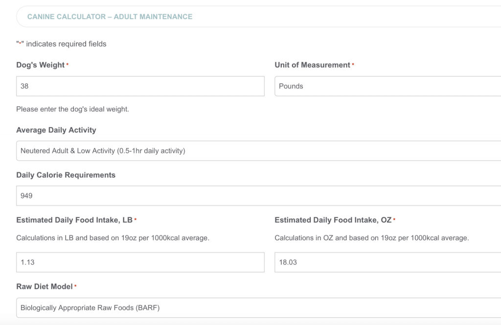 Perfectly Rawsome Raw Dog Food Calculator